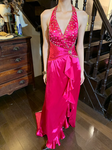 Barbie Pink Retro Mermaid Halter Beaded Ruffle Satin Party Dress Evening Dress HZ1023
